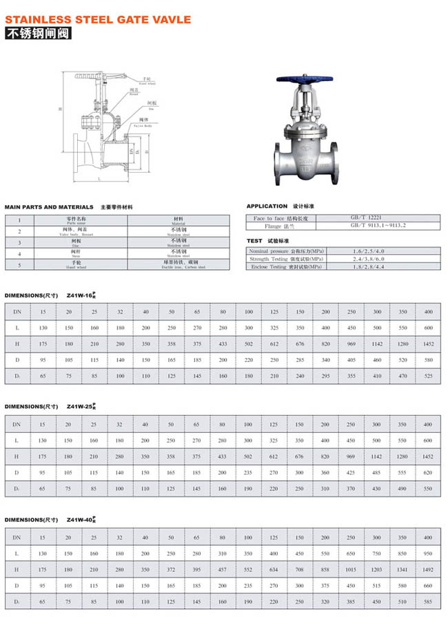 不銹鋼閘閥 Z41W系列參數 不銹鋼閘閥 Z41W系列參數